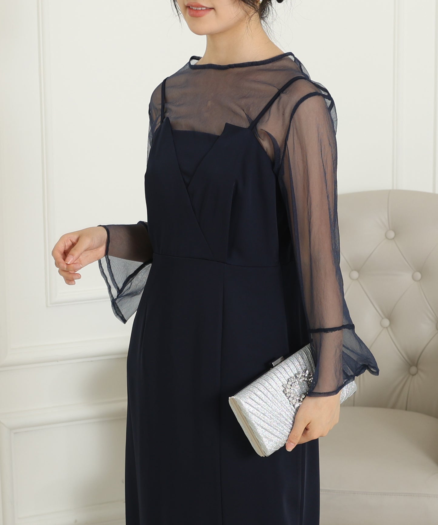 シアー レイヤード スリット入り キャミソール ドレス