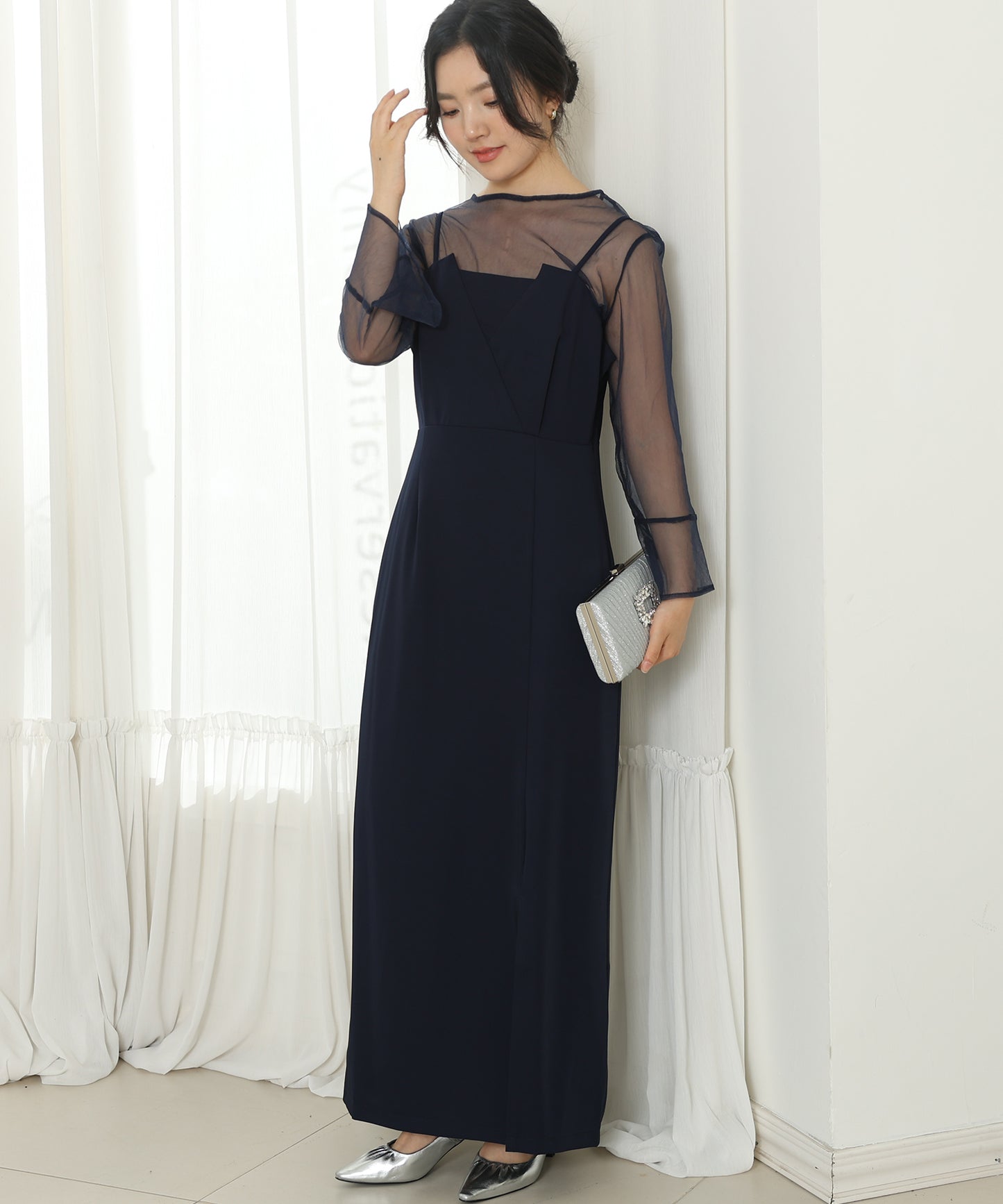 シアー レイヤード スリット入り キャミソール ドレス