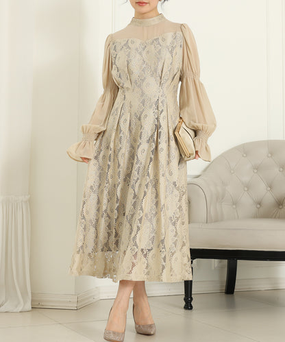 チョーカーネック 花柄 レース ドッキング キャンディースリーブ ドレス