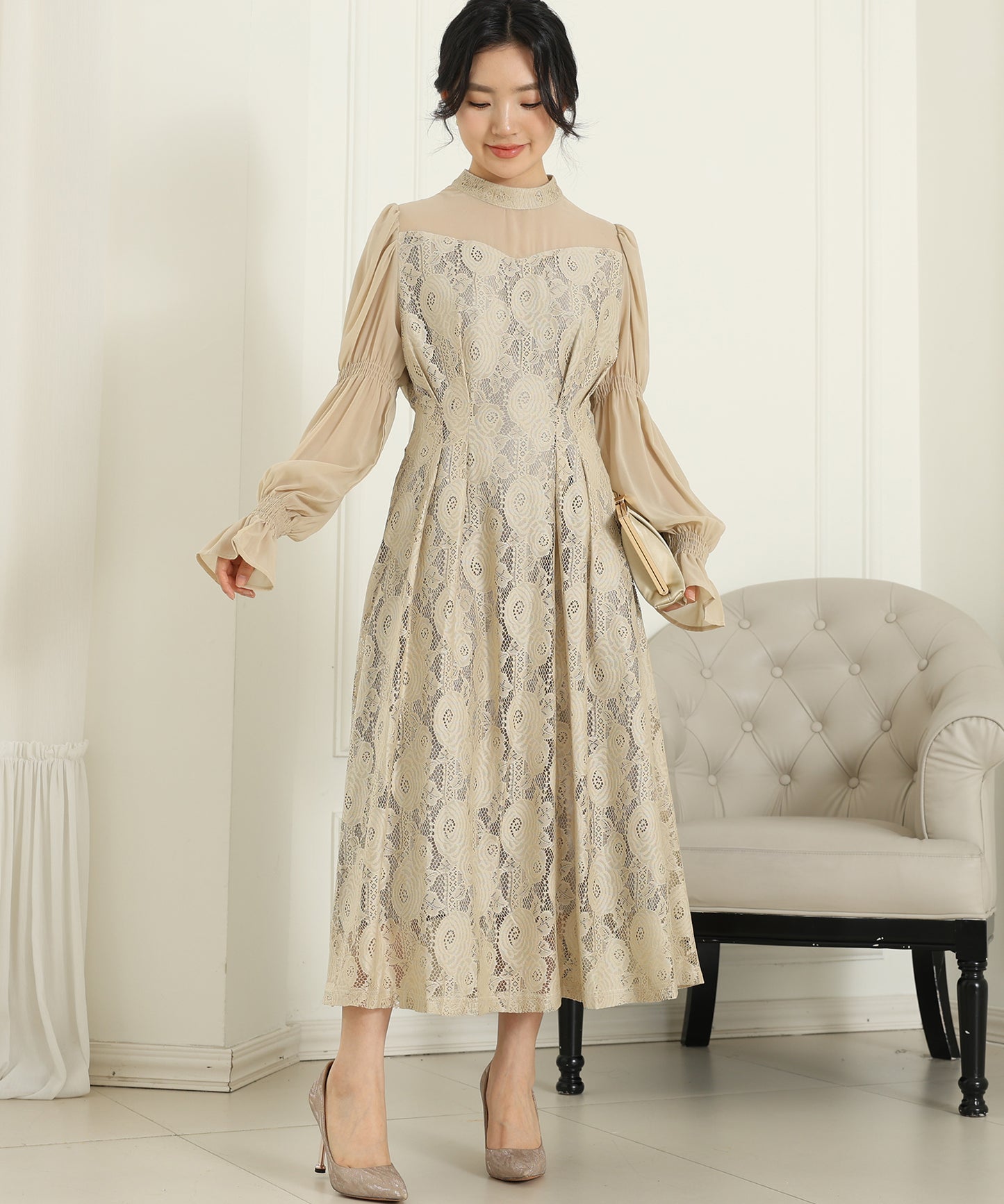 チョーカーネック 花柄 レース ドッキング キャンディースリーブ ドレス