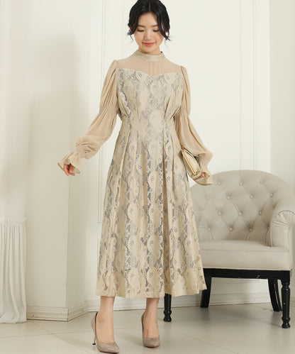 チョーカーネック 花柄 レース ドッキング キャンディースリーブ ドレス