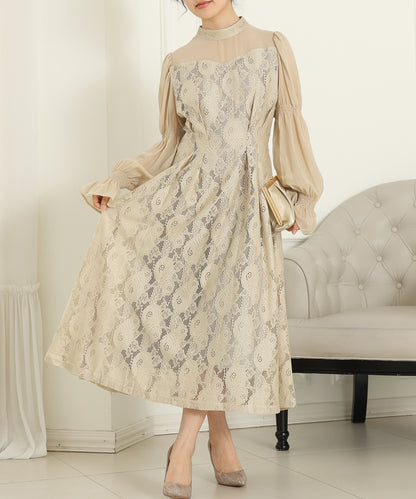 チョーカーネック 花柄 レース ドッキング キャンディースリーブ ドレス