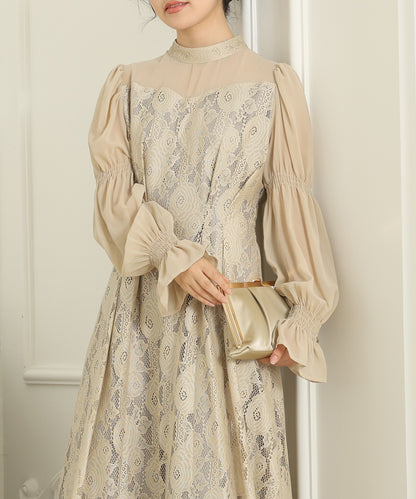 チョーカーネック 花柄 レース ドッキング キャンディースリーブ ドレス