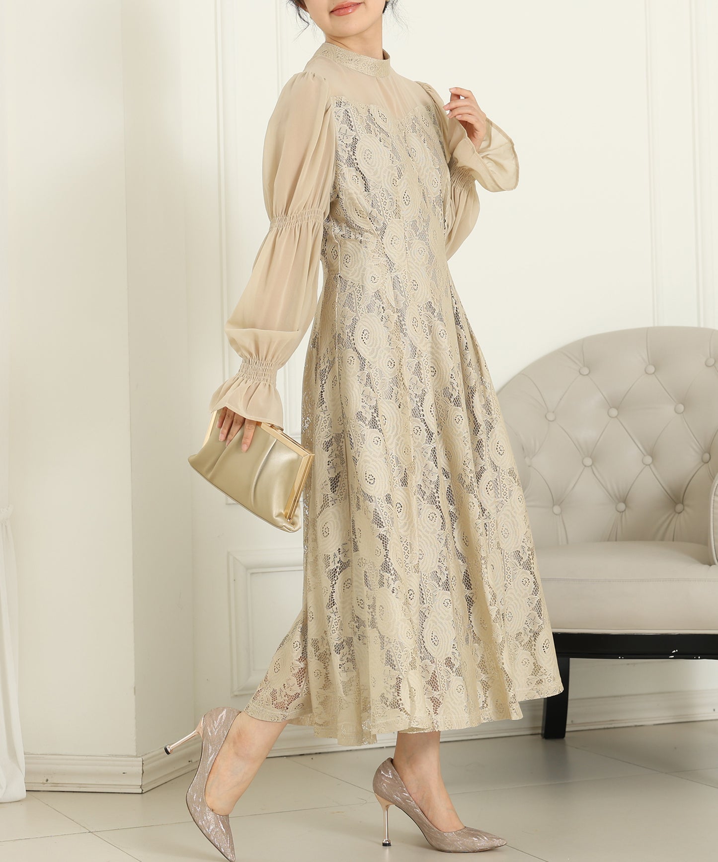 チョーカーネック 花柄 レース ドッキング キャンディースリーブ ドレス