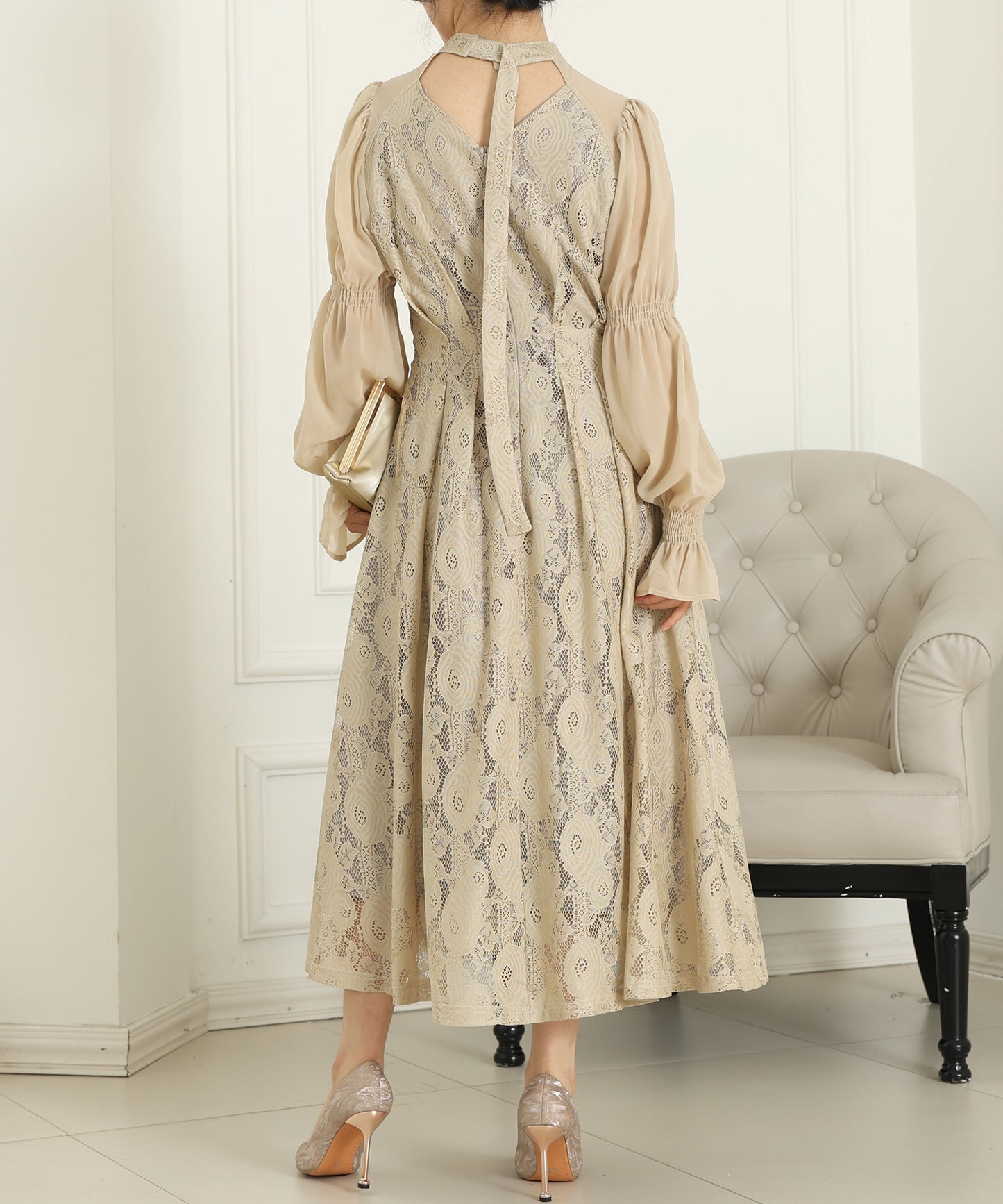 チョーカーネック 花柄 レース ドッキング キャンディースリーブ ドレス