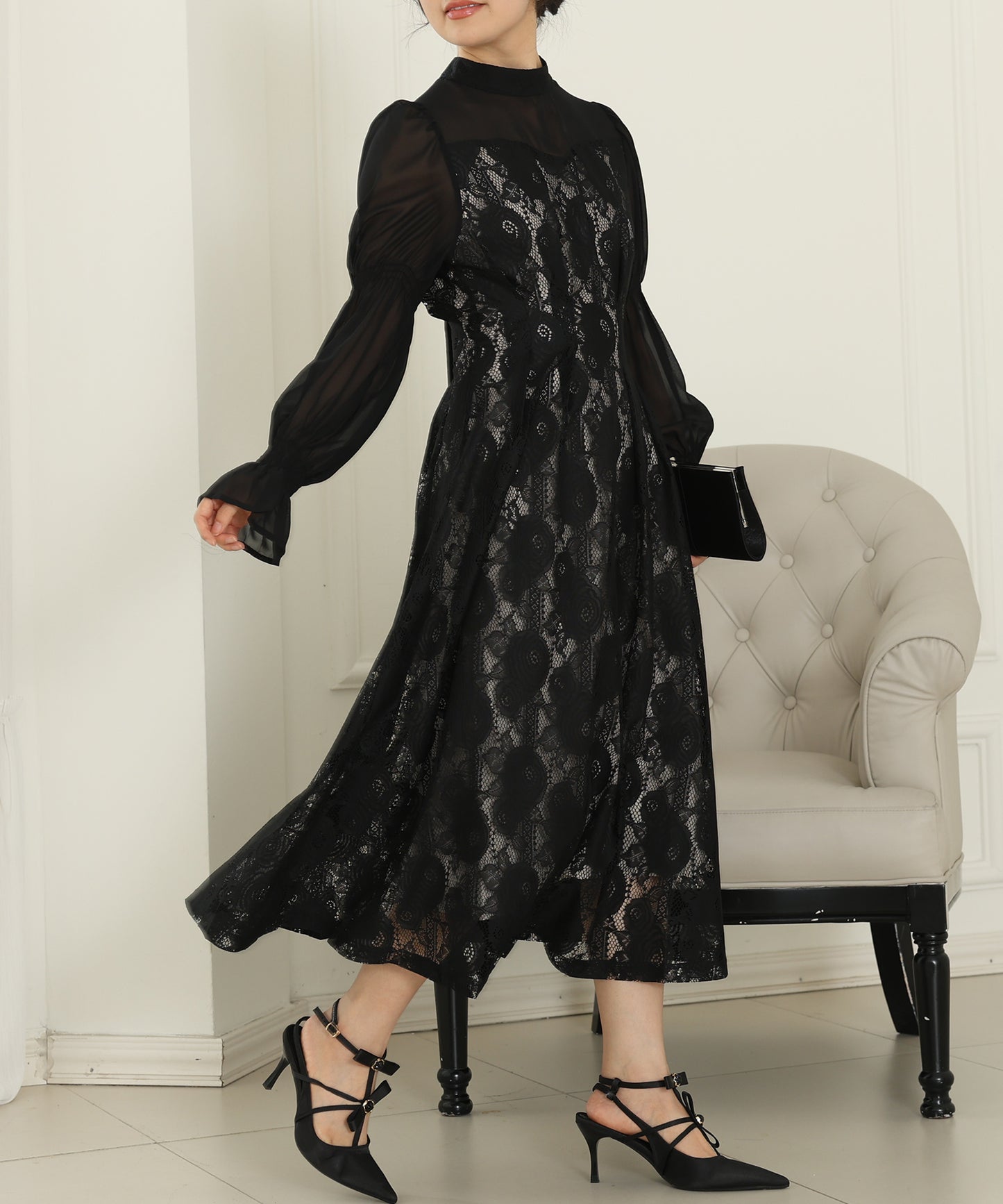 チョーカーネック 花柄 レース ドッキング キャンディースリーブ ドレス