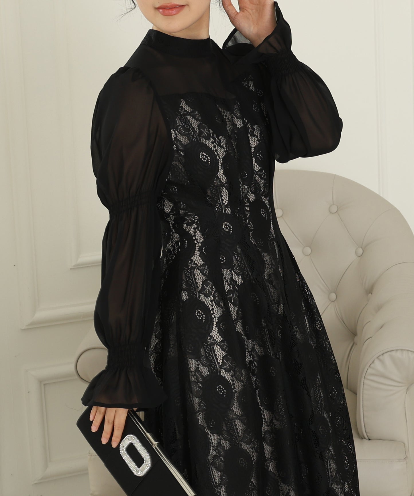 チョーカーネック 花柄 レース ドッキング キャンディースリーブ ドレス