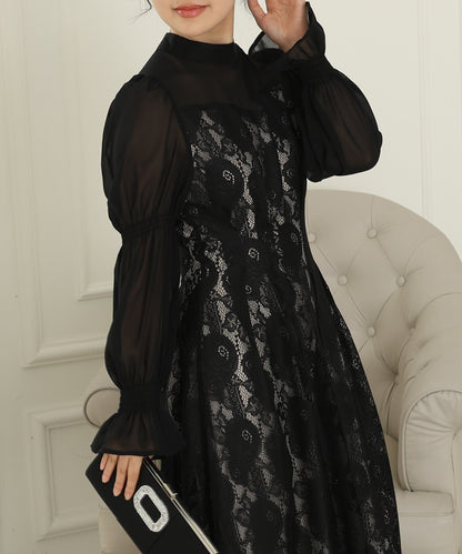 チョーカーネック 花柄 レース ドッキング キャンディースリーブ ドレス