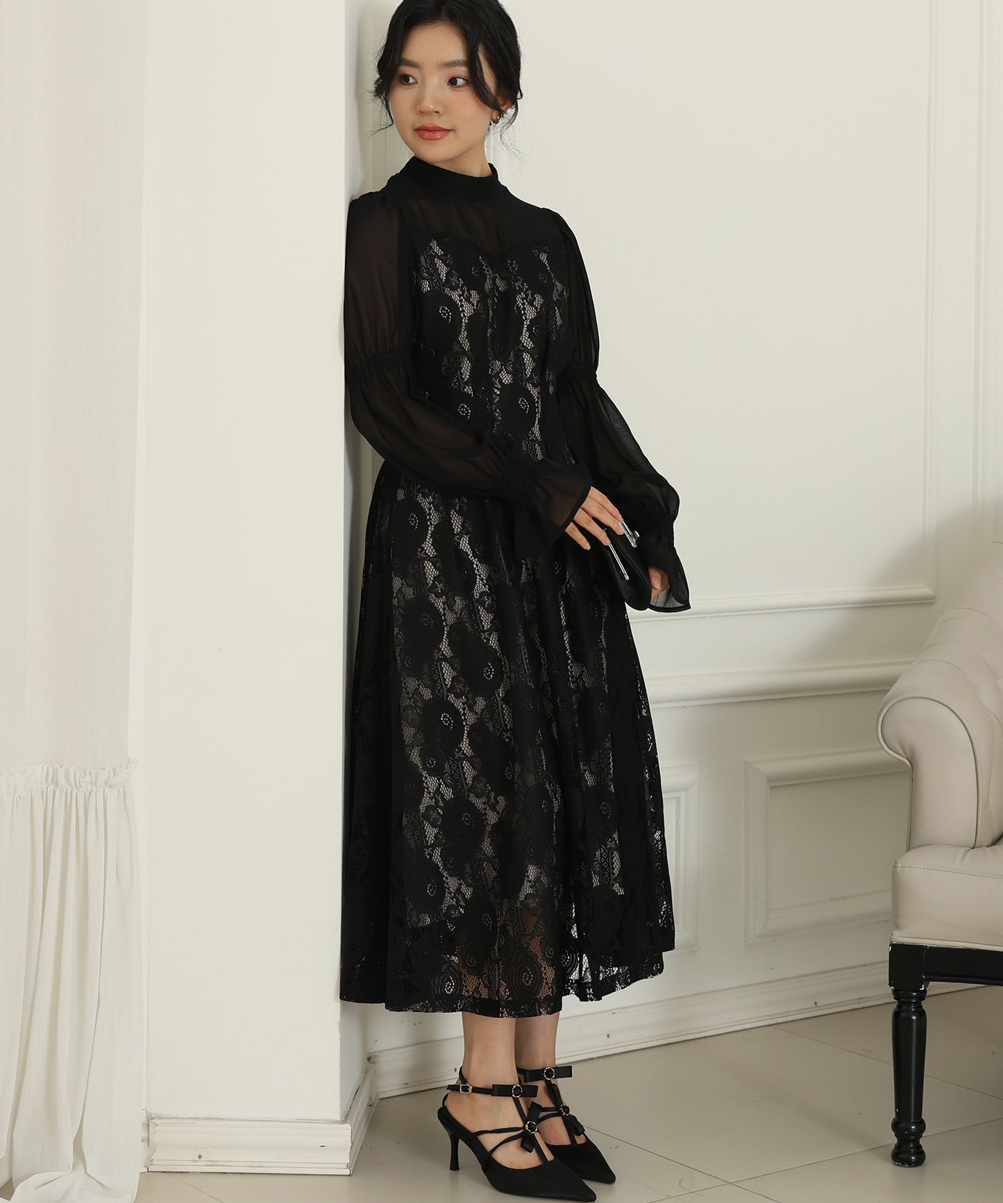 チョーカーネック 花柄 レース ドッキング キャンディースリーブ ドレス