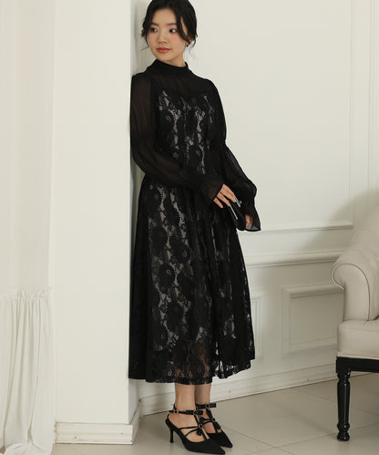 チョーカーネック 花柄 レース ドッキング キャンディースリーブ ドレス