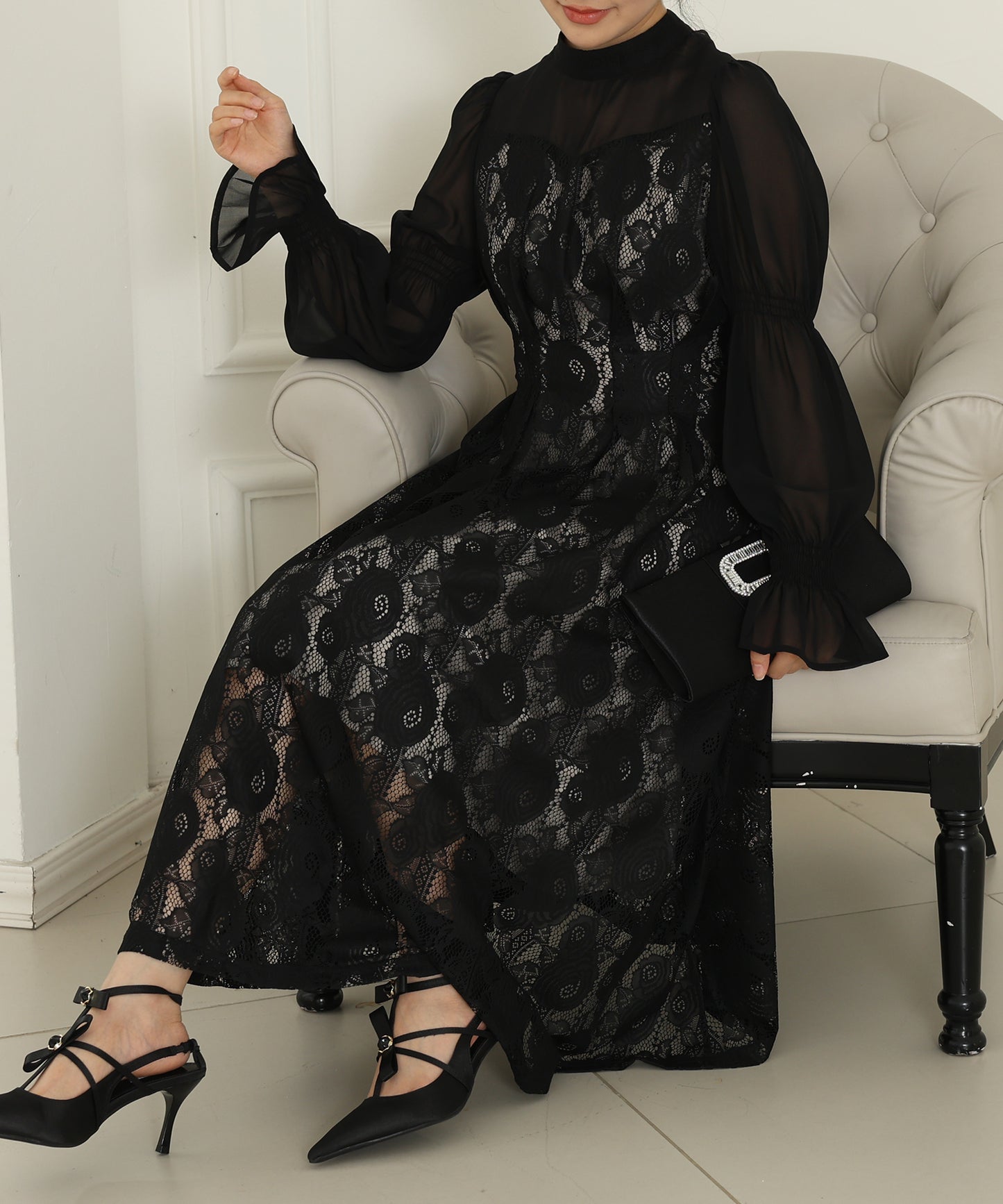 チョーカーネック 花柄 レース ドッキング キャンディースリーブ ドレス