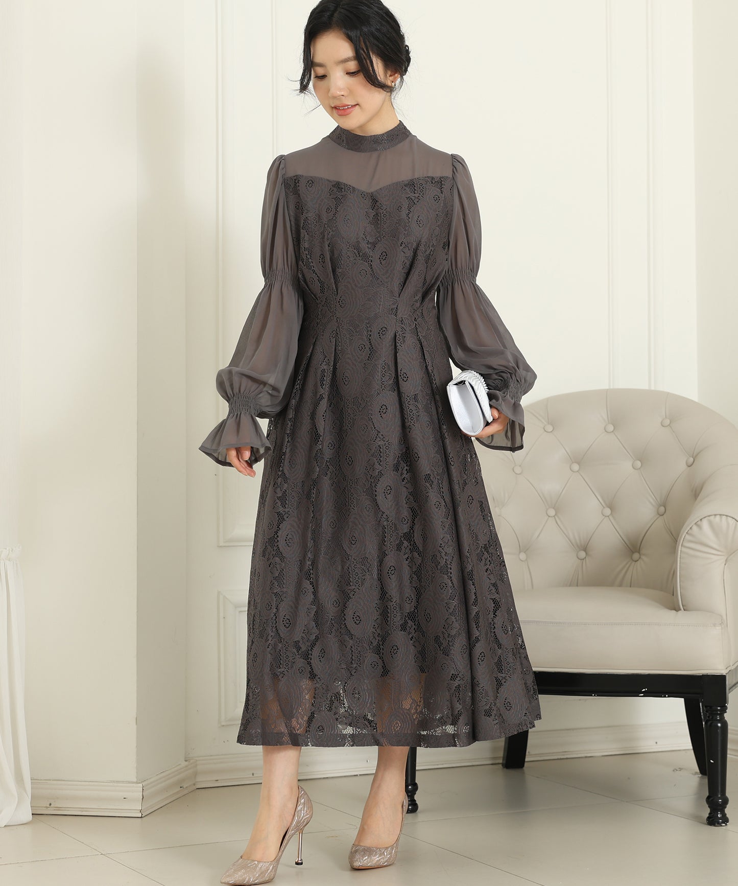 チョーカーネック 花柄 レース ドッキング キャンディースリーブ ドレス