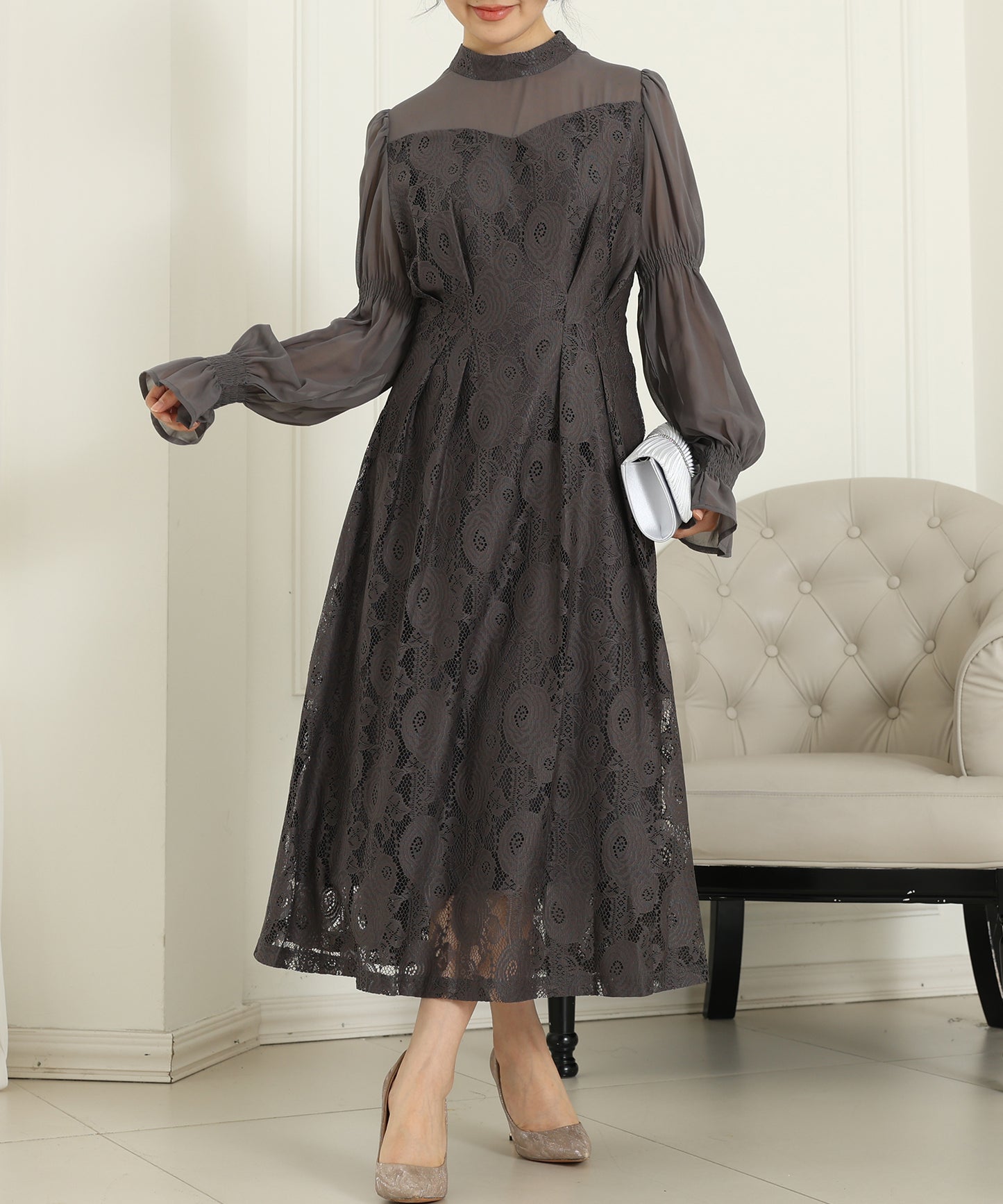 チョーカーネック 花柄 レース ドッキング キャンディースリーブ ドレス