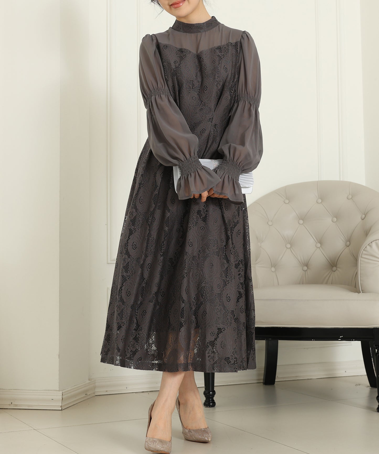 チョーカーネック 花柄 レース ドッキング キャンディースリーブ ドレス