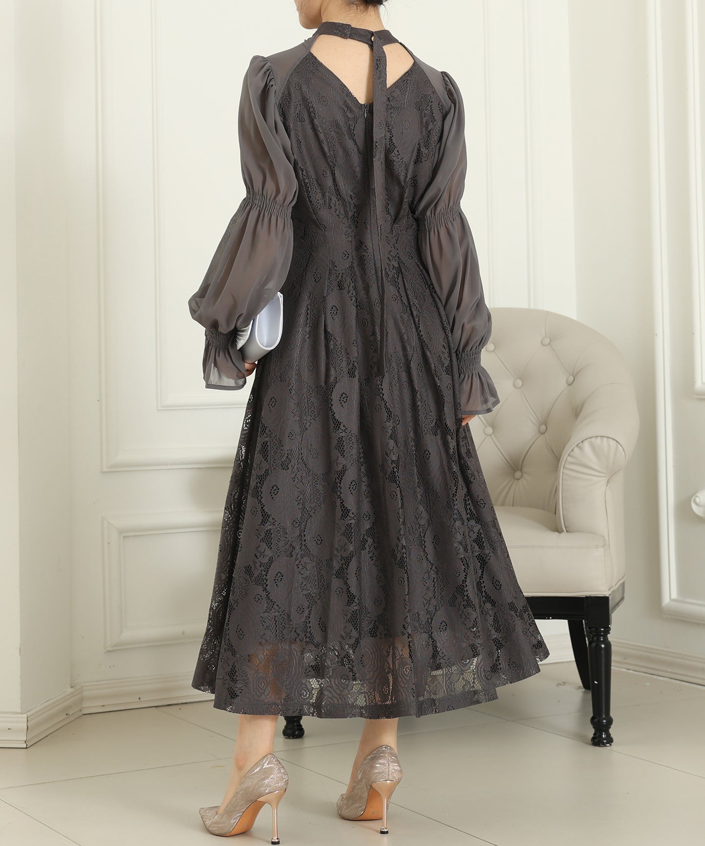 チョーカーネック 花柄 レース ドッキング キャンディースリーブ ドレス