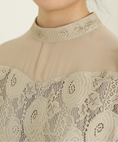 チョーカーネック 花柄 レース ドッキング キャンディースリーブ ドレス