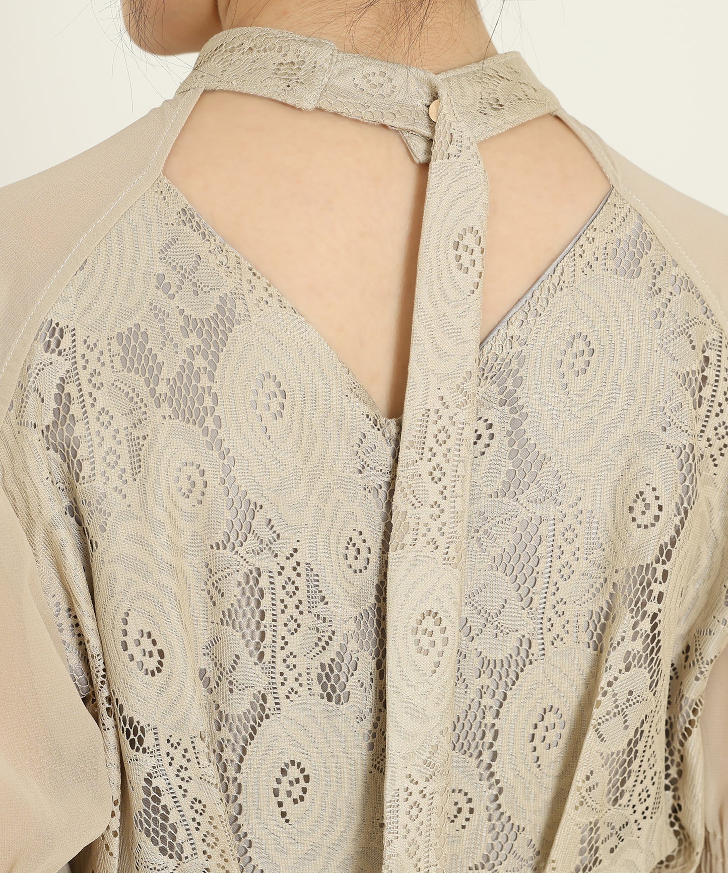 チョーカーネック 花柄 レース ドッキング キャンディースリーブ ドレス