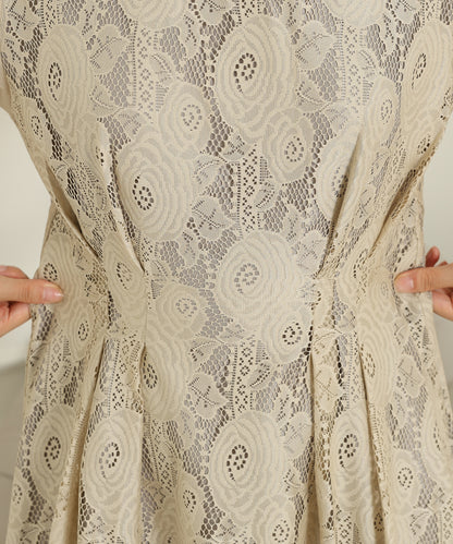 チョーカーネック 花柄 レース ドッキング キャンディースリーブ ドレス