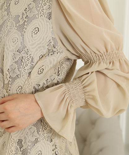 チョーカーネック 花柄 レース ドッキング キャンディースリーブ ドレス