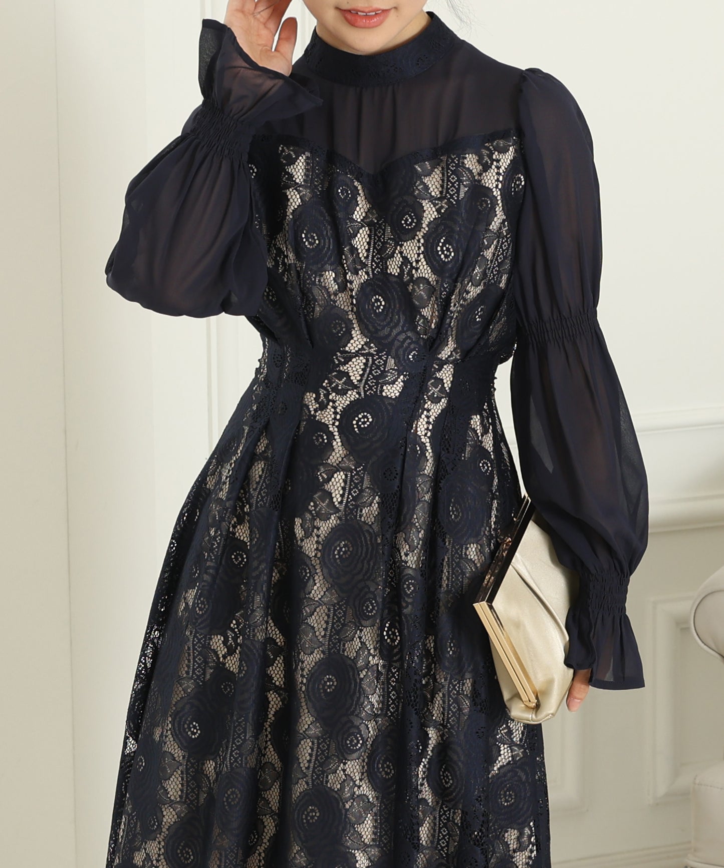 チョーカーネック 花柄 レース ドッキング キャンディースリーブ ドレス