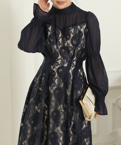 チョーカーネック 花柄 レース ドッキング キャンディースリーブ ドレス