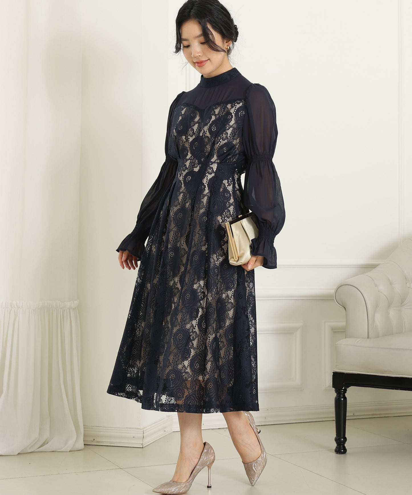 チョーカーネック 花柄 レース ドッキング キャンディースリーブ ドレス