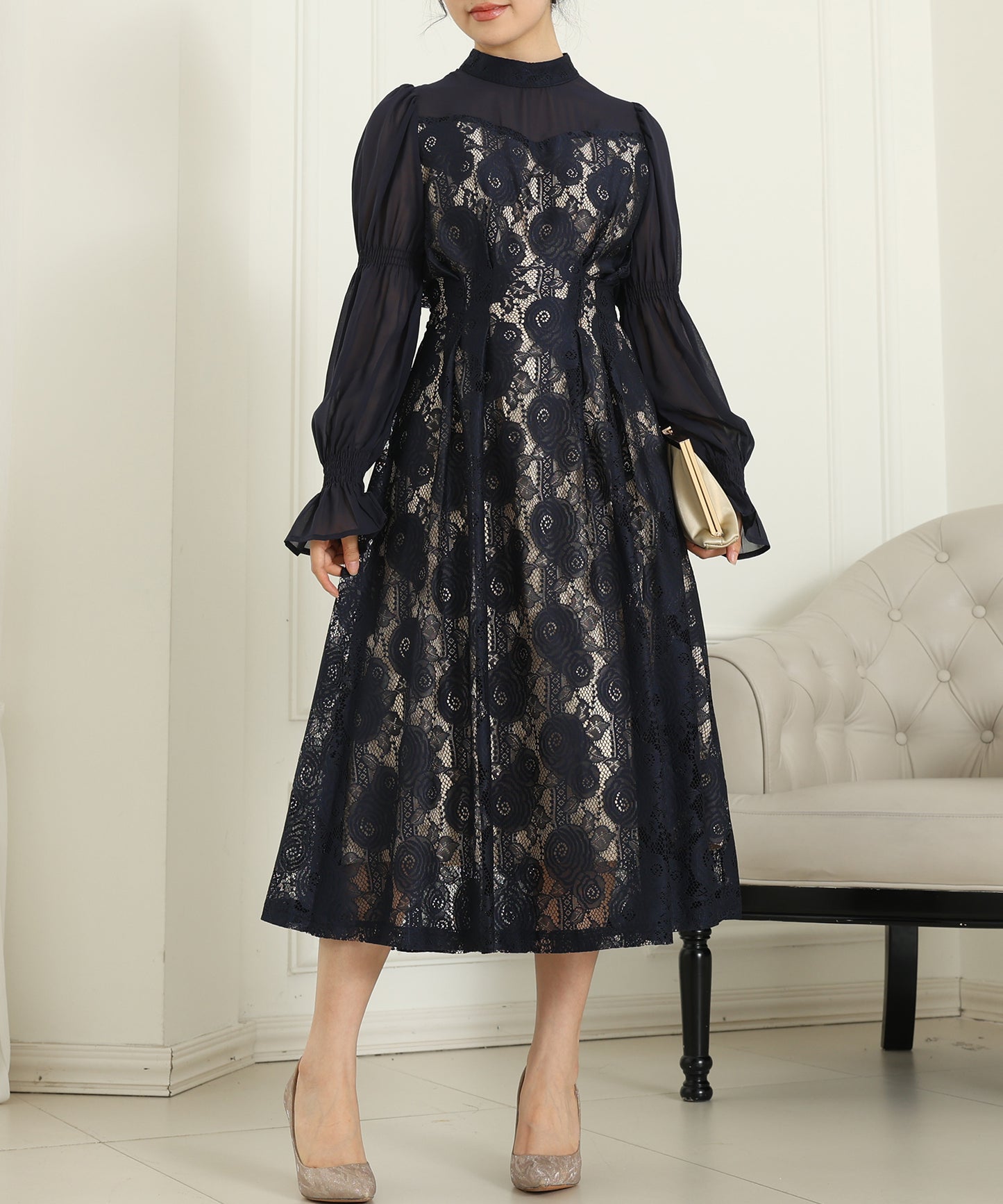 チョーカーネック 花柄 レース ドッキング キャンディースリーブ ドレス