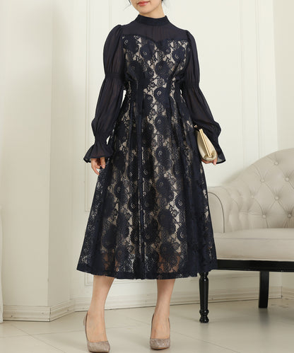 チョーカーネック 花柄 レース ドッキング キャンディースリーブ ドレス