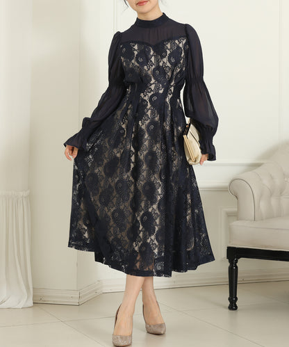チョーカーネック 花柄 レース ドッキング キャンディースリーブ ドレス