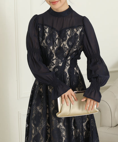 チョーカーネック 花柄 レース ドッキング キャンディースリーブ ドレス