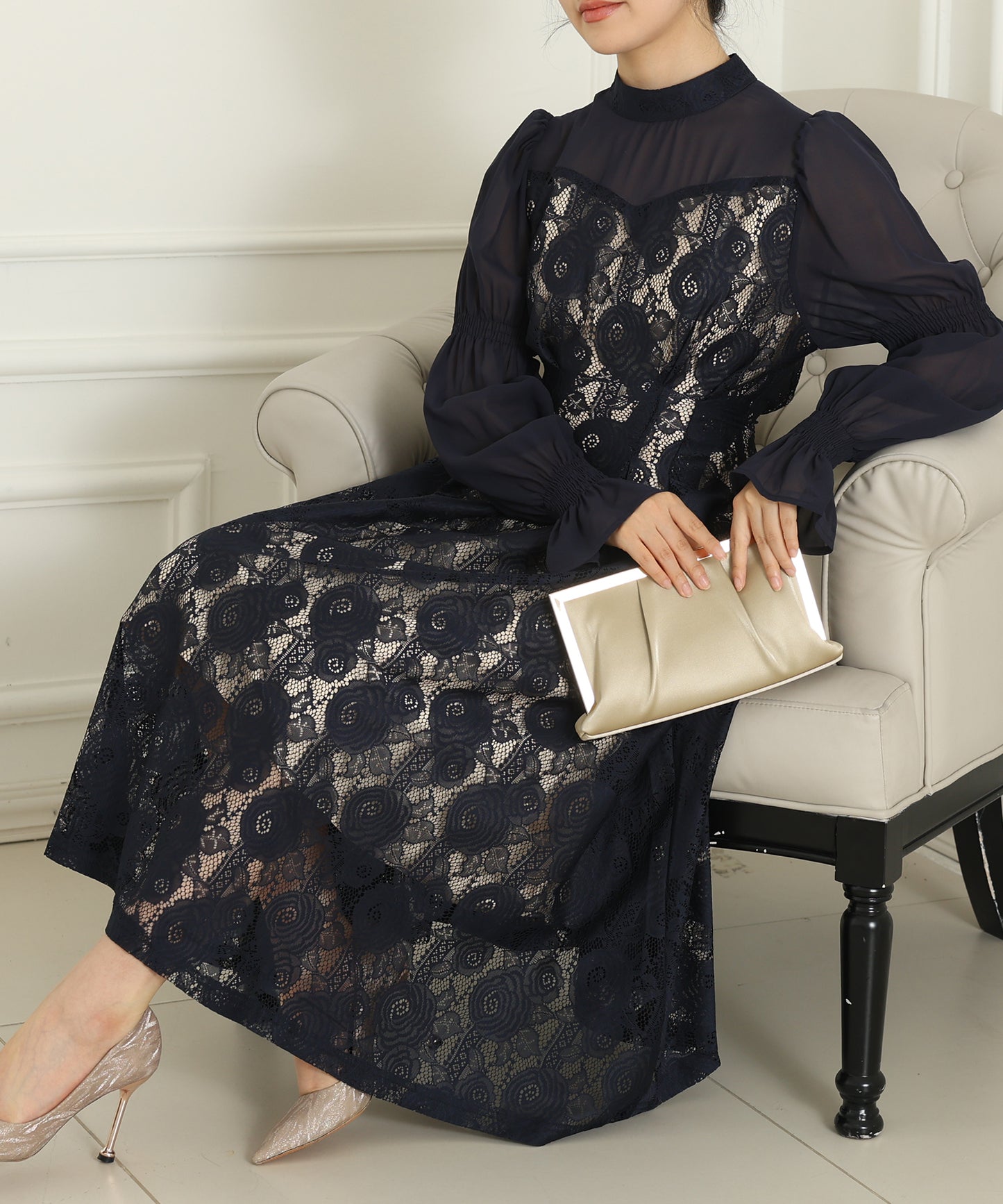 チョーカーネック 花柄 レース ドッキング キャンディースリーブ ドレス