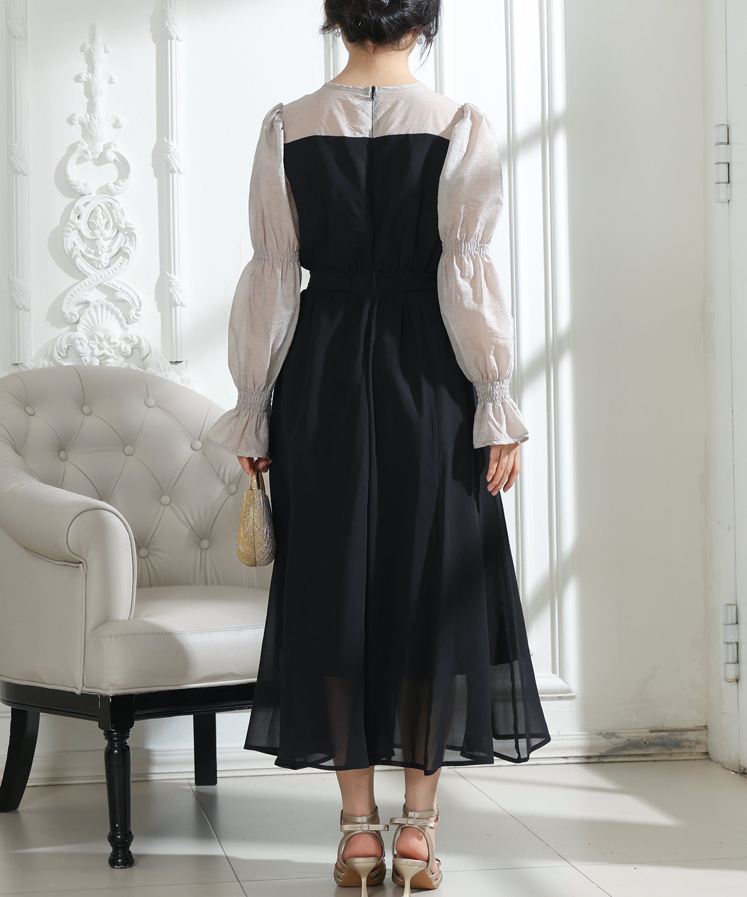 配色 クルーネック キャンディースリーブ ギャザー ドレス – Lace Ladies