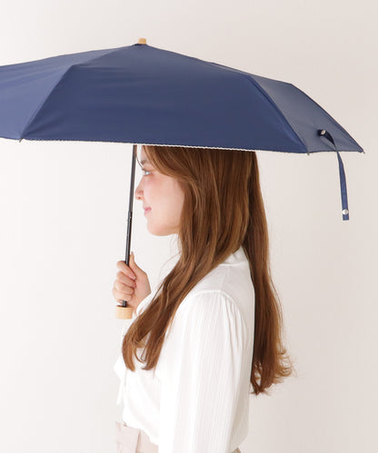 【雨晴兼用】ソリッドカラー ウッドハンドル スカラップ 折りたたみ傘