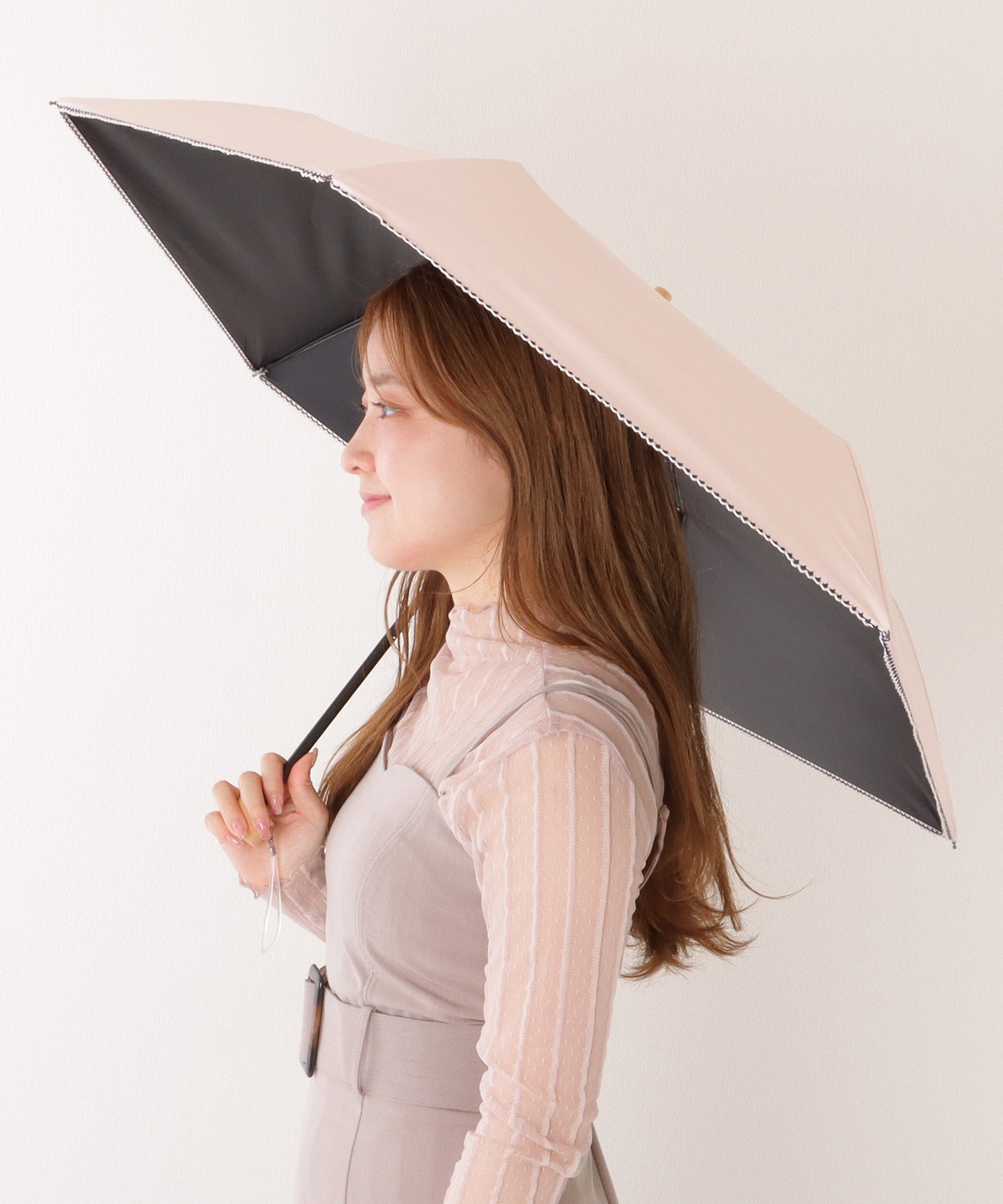 【雨晴兼用】ソリッドカラー ウッドハンドル スカラップ 折りたたみ傘