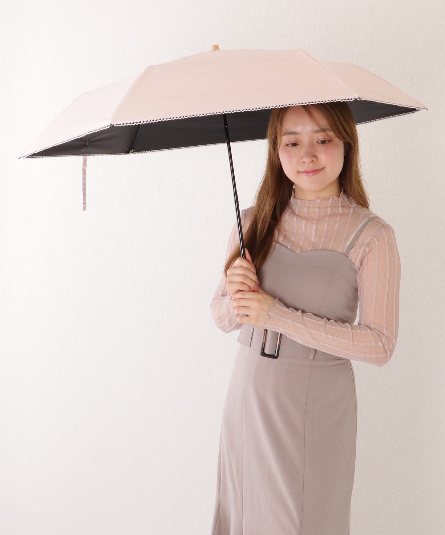 【雨晴兼用】ソリッドカラー ウッドハンドル スカラップ 折りたたみ傘