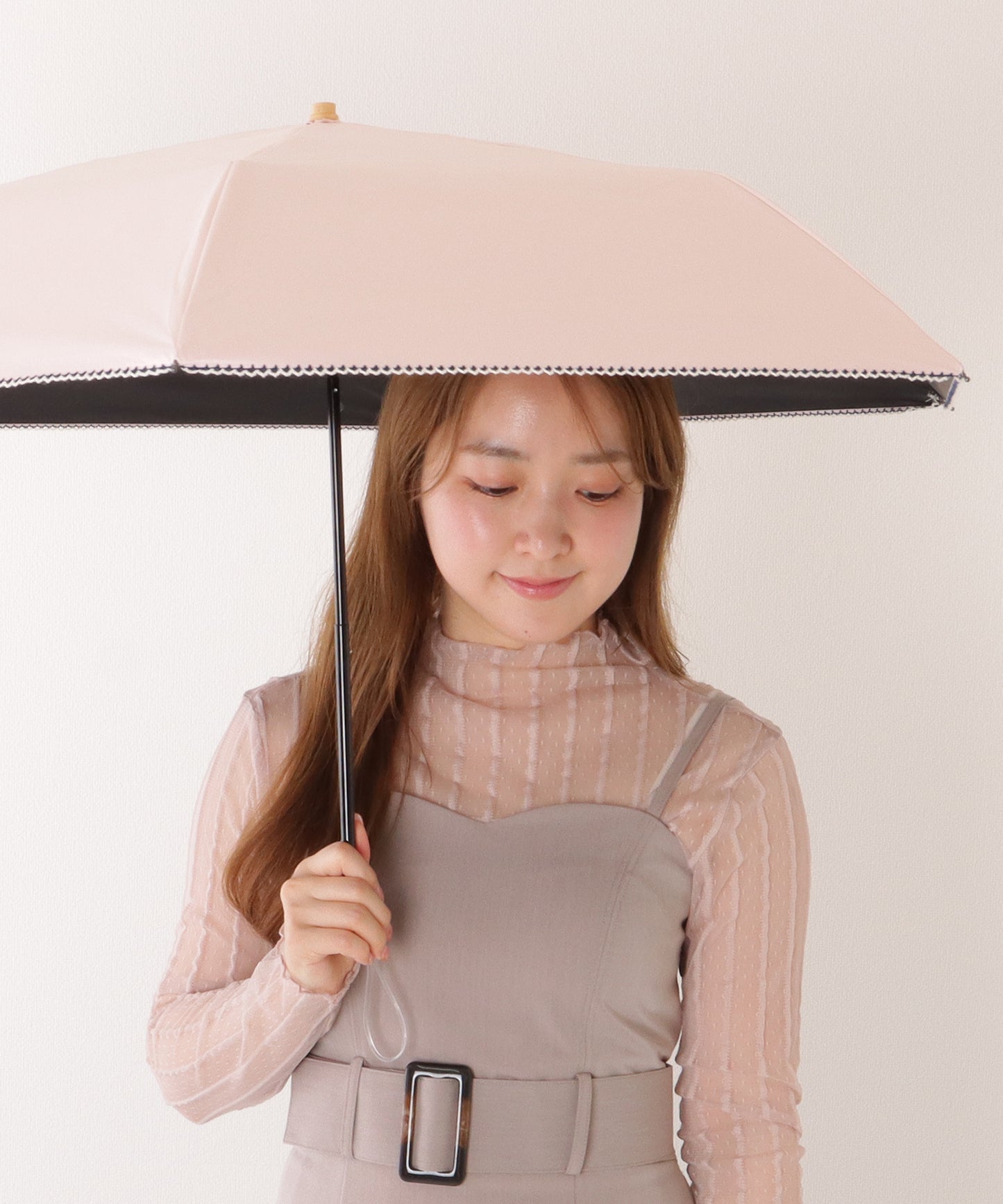 【雨晴兼用】ソリッドカラー ウッドハンドル スカラップ 折りたたみ傘