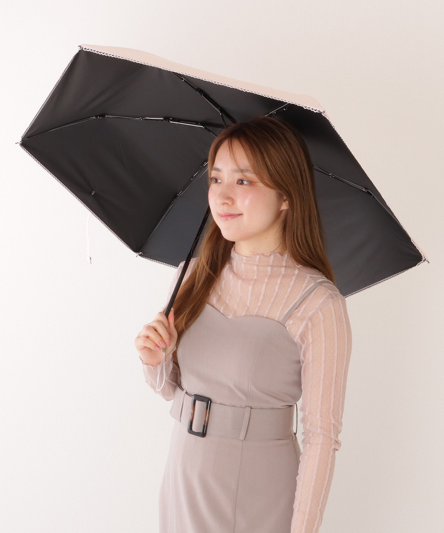 【雨晴兼用】ソリッドカラー ウッドハンドル スカラップ 折りたたみ傘