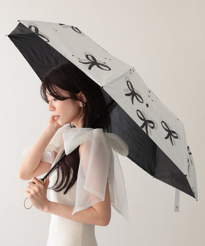 晴雨兼用 配色 リボン柄 ウッド調 ハンドル 折りたたみ傘