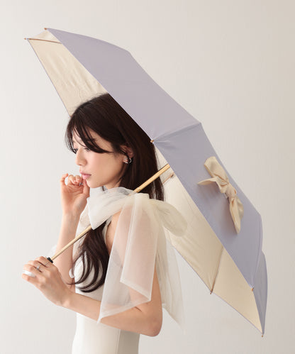 晴雨兼用 グログラン リボン付き ワンタッチ 折りたたみ傘