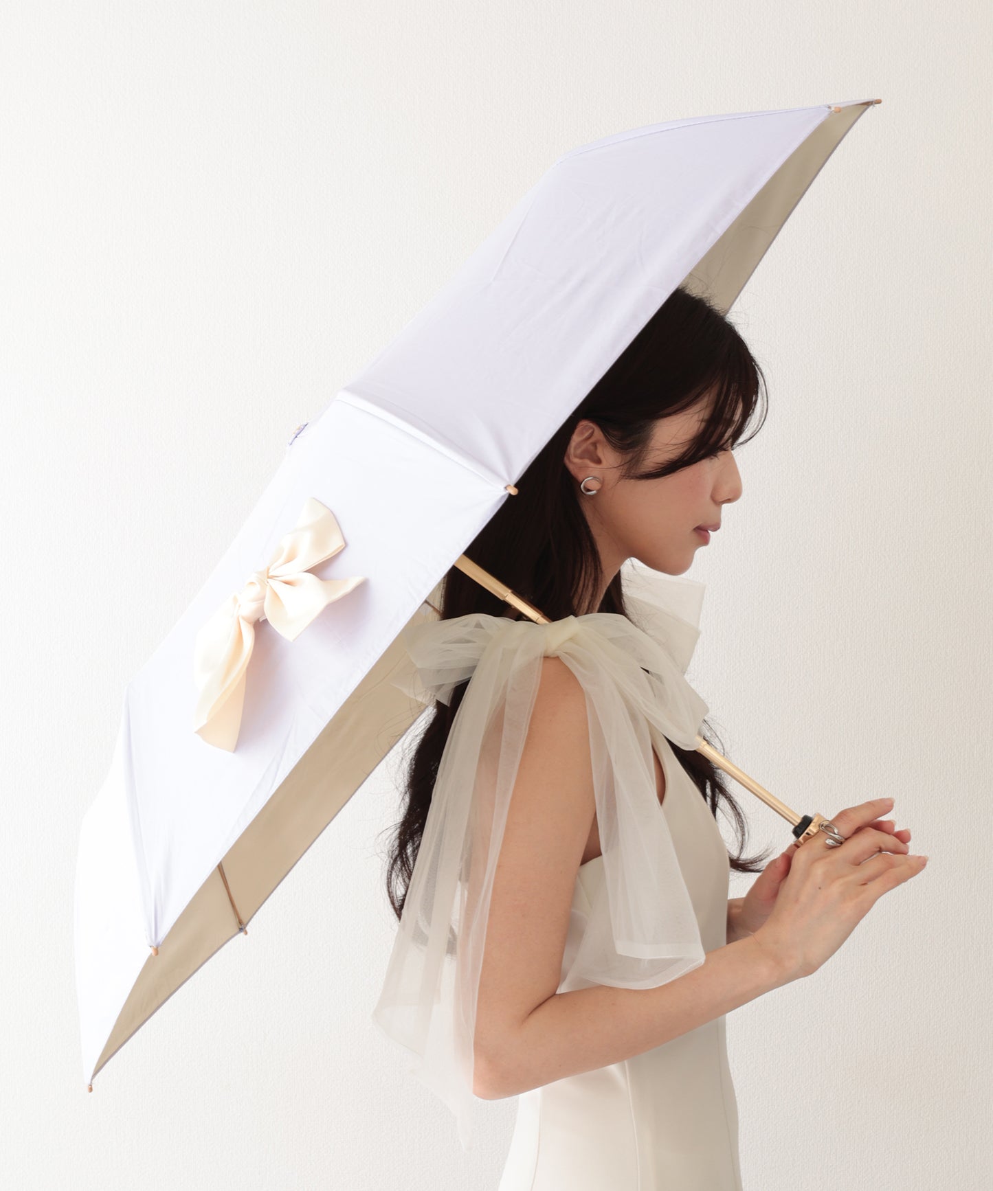 晴雨兼用 グログラン リボン付き ワンタッチ 折りたたみ傘
