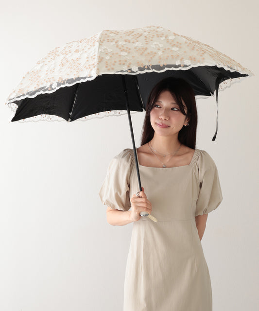 晴雨兼用 小花柄 刺繍 レース レイヤード 折りたたみ傘