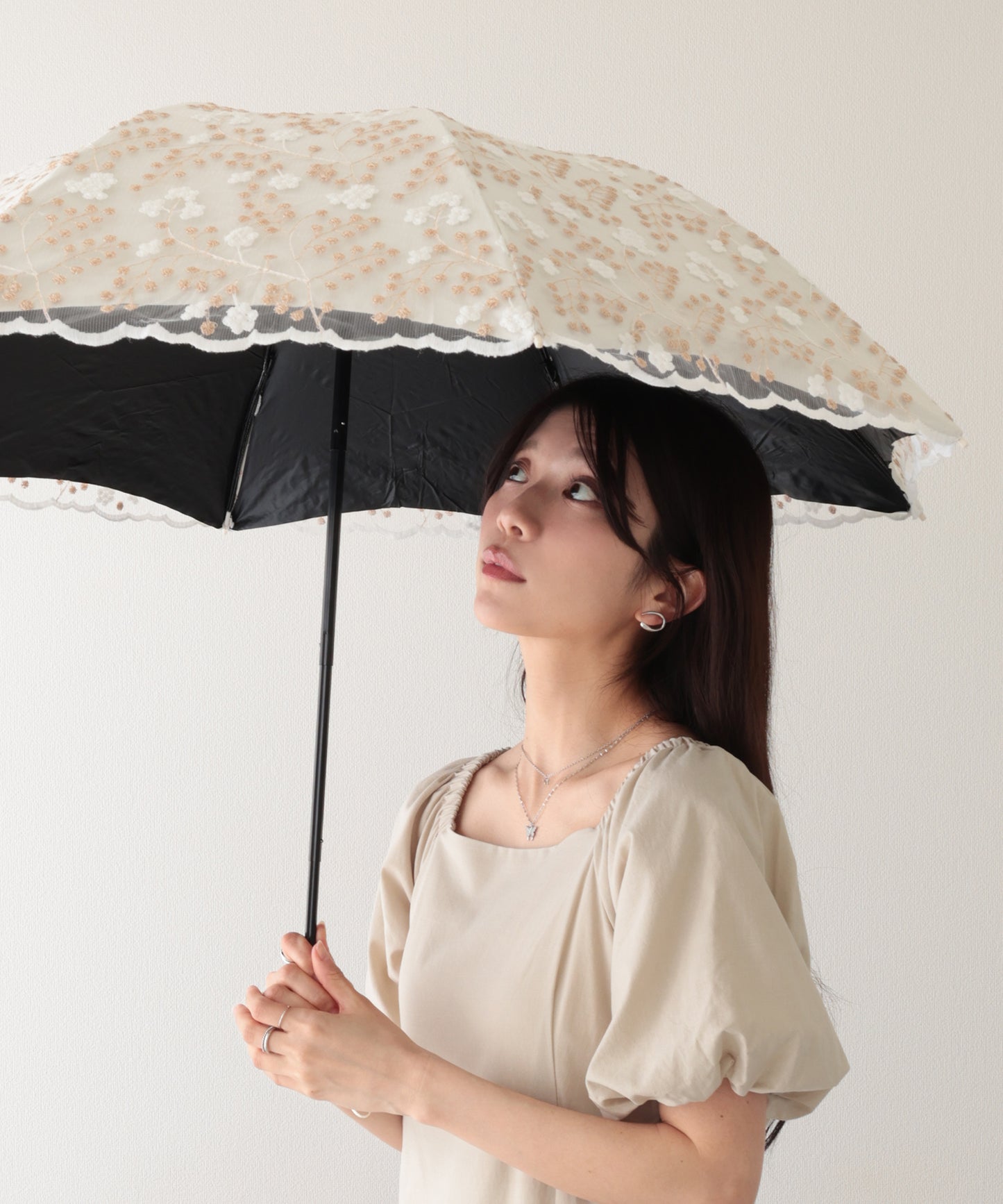 晴雨兼用 小花柄 刺繍 レース レイヤード 折りたたみ傘