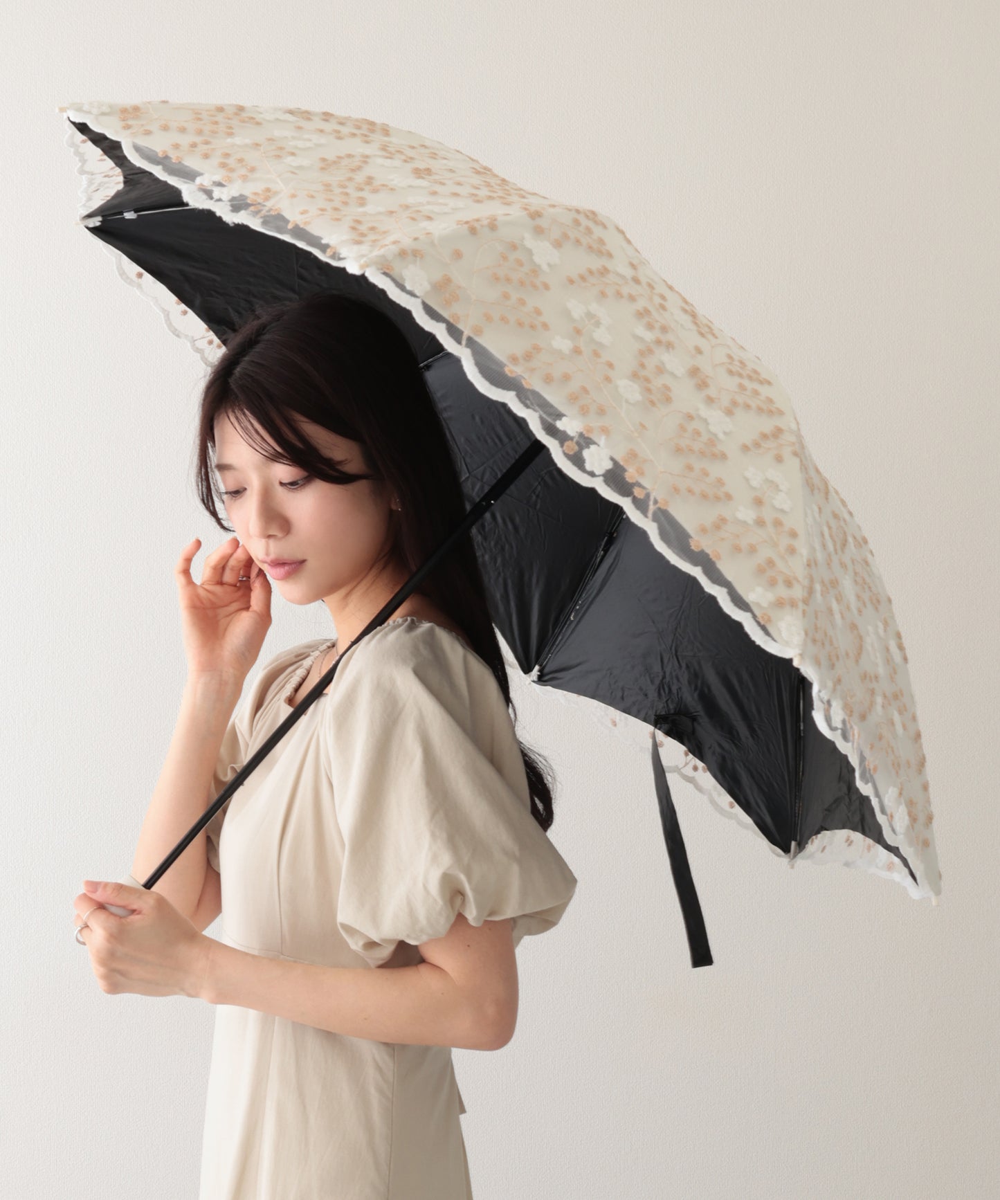 晴雨兼用 小花柄 刺繍 レース レイヤード 折りたたみ傘