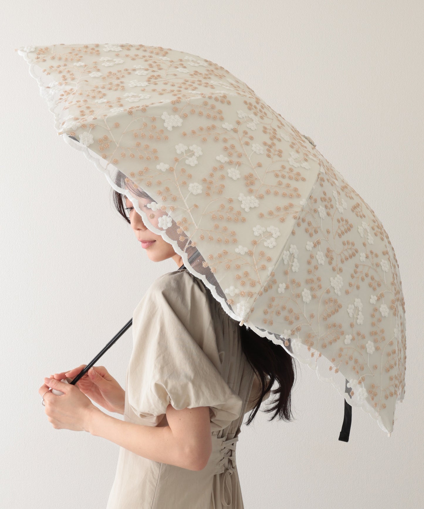 晴雨兼用 小花柄 刺繍 レース レイヤード 折りたたみ傘