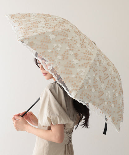 晴雨兼用 小花柄 刺繍 レース レイヤード 折りたたみ傘