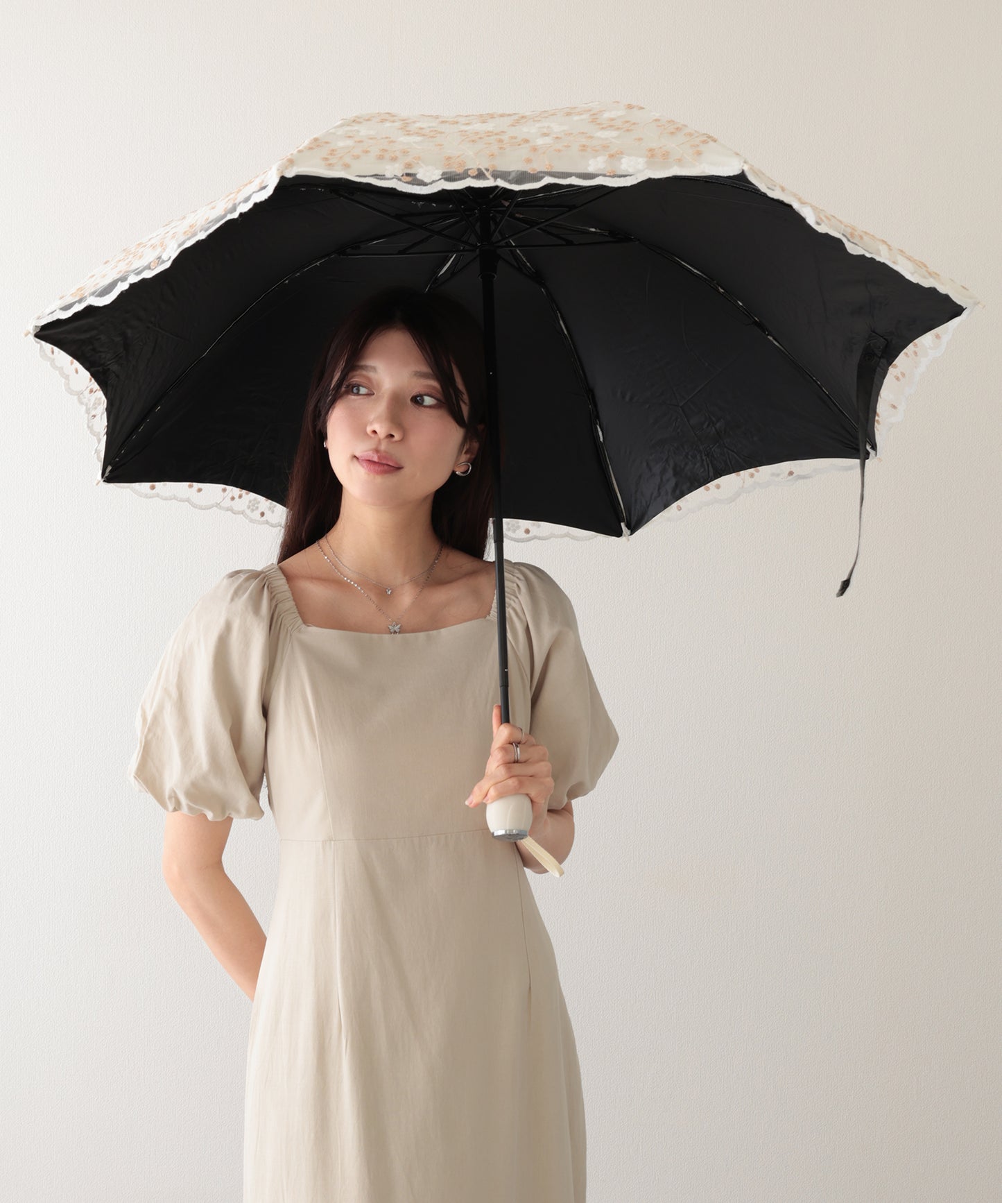 晴雨兼用 小花柄 刺繍 レース レイヤード 折りたたみ傘