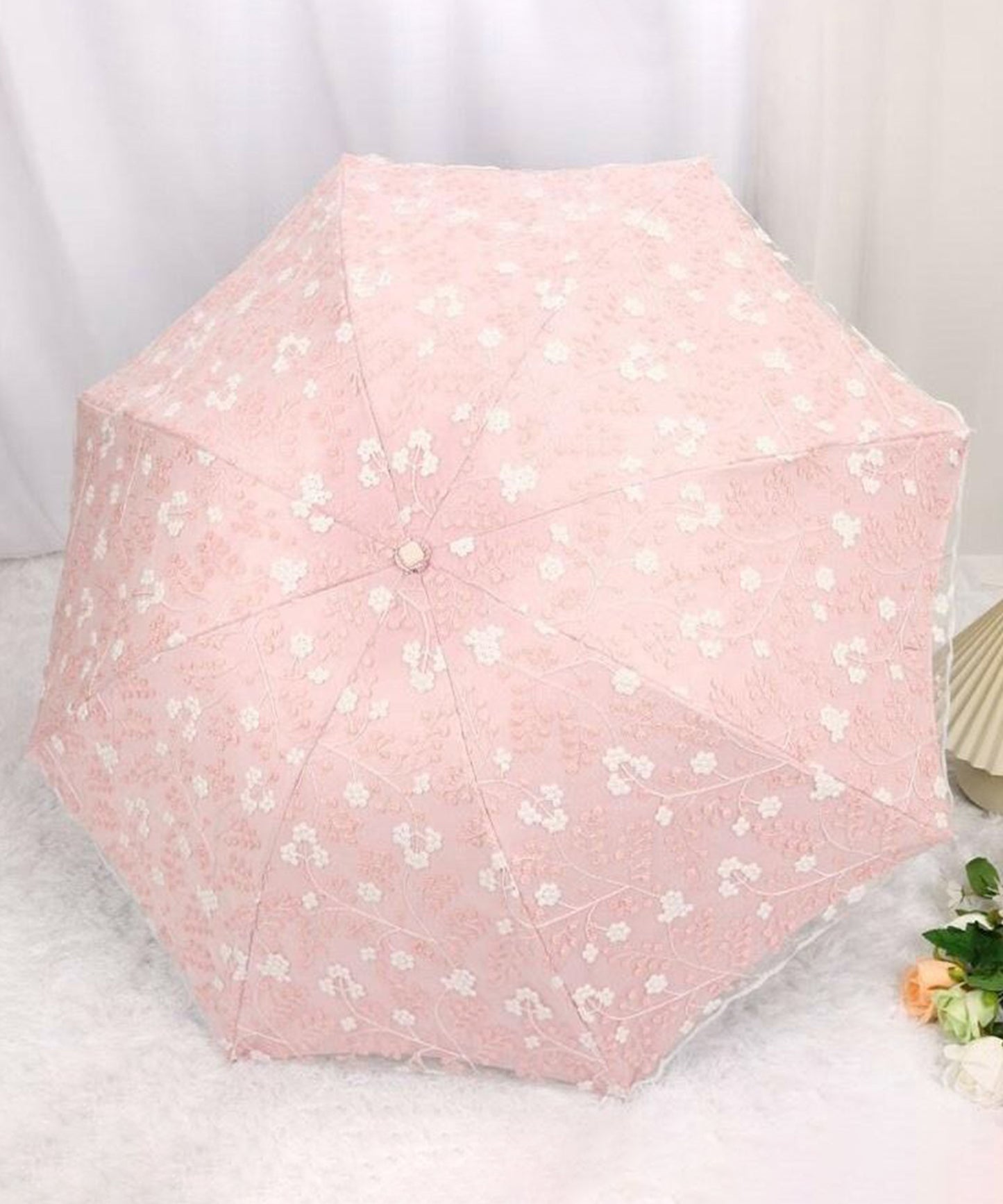 晴雨兼用 小花柄 刺繍 レース レイヤード 折りたたみ傘