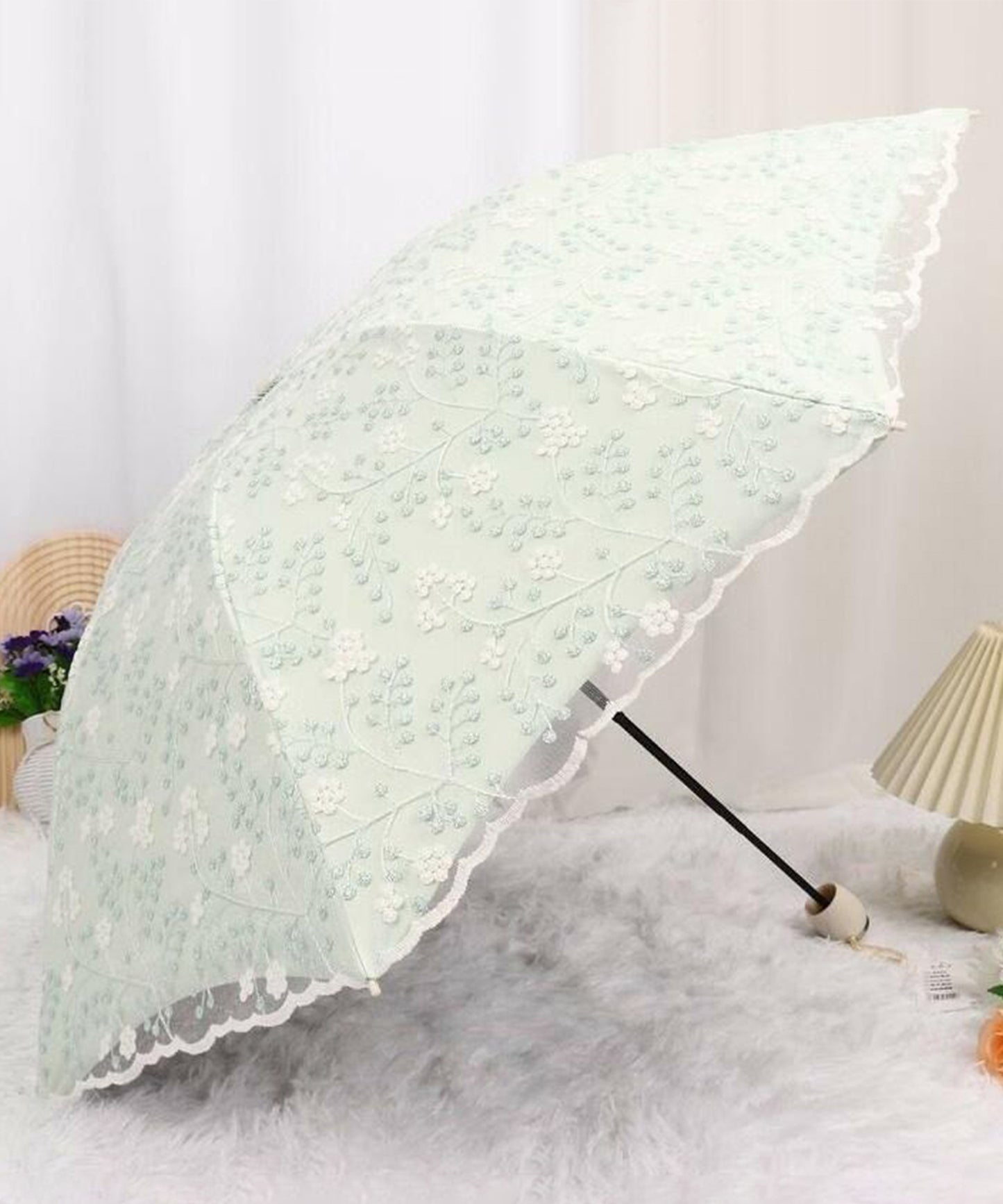 晴雨兼用 小花柄 刺繍 レース レイヤード 折りたたみ傘