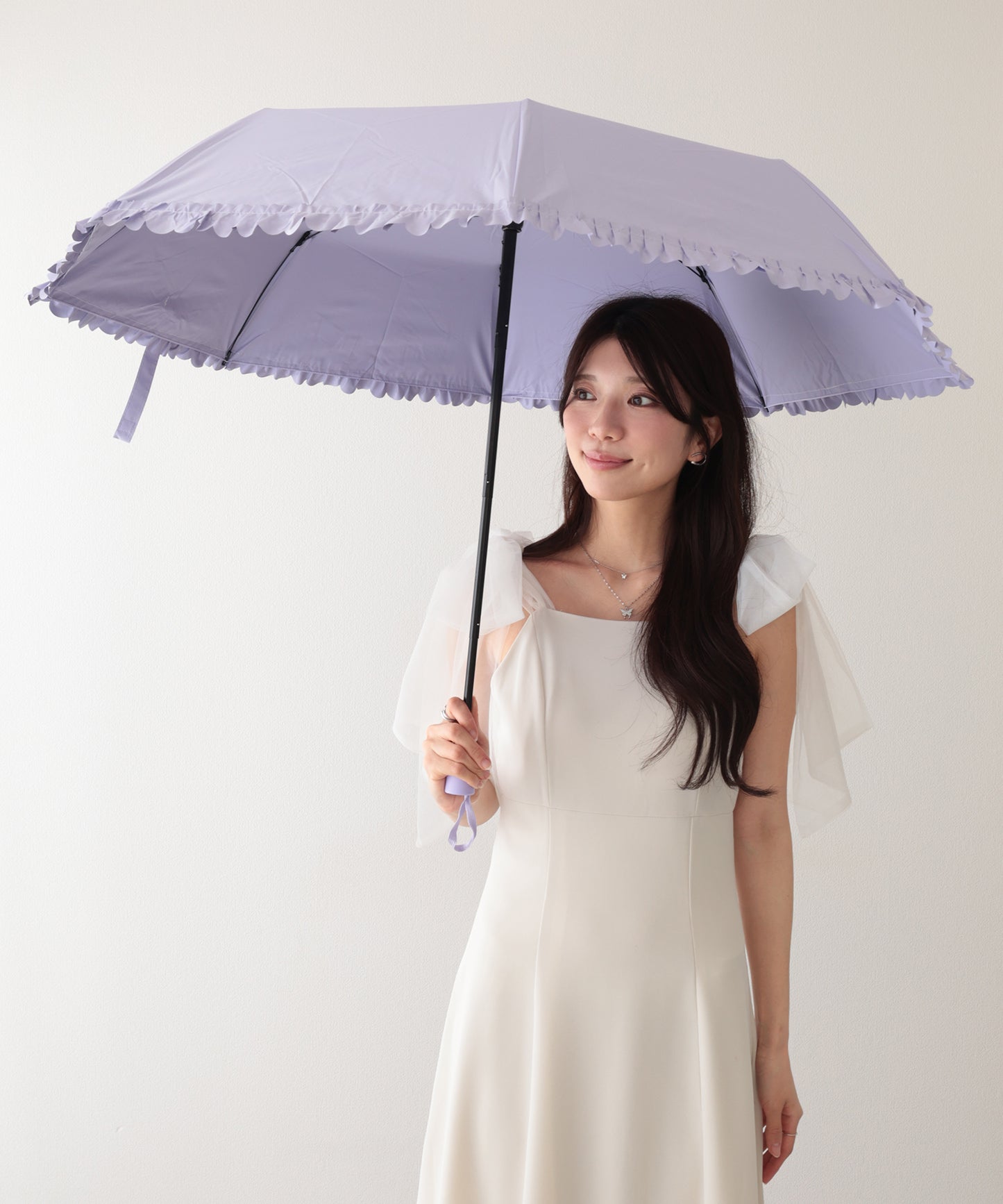 晴雨兼用 ソリッドカラー シンプル フリル 折りたたみ傘