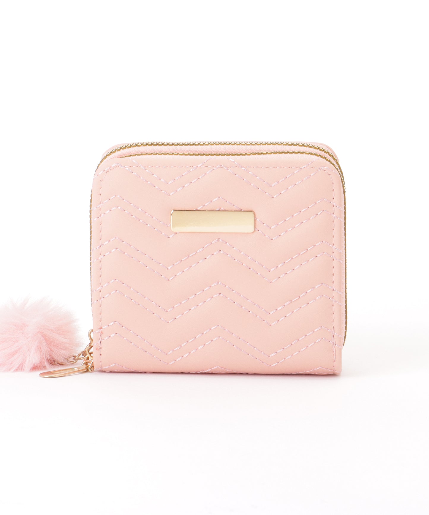 ファー チャーム付き ジグザグ ステッチ コンパクト ウォレット